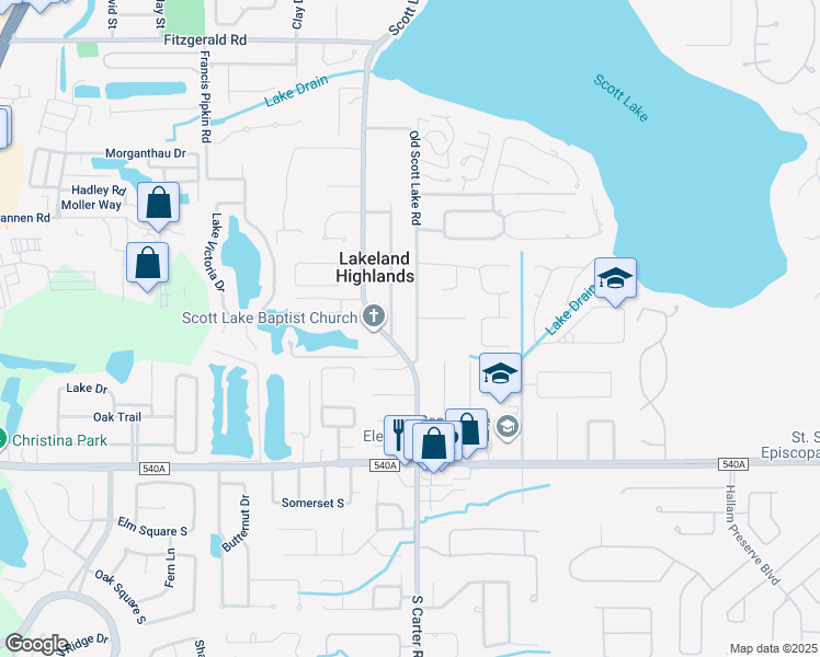 map of restaurants, bars, coffee shops, grocery stores, and more near 5815 Old Scott Lake Road in Lakeland