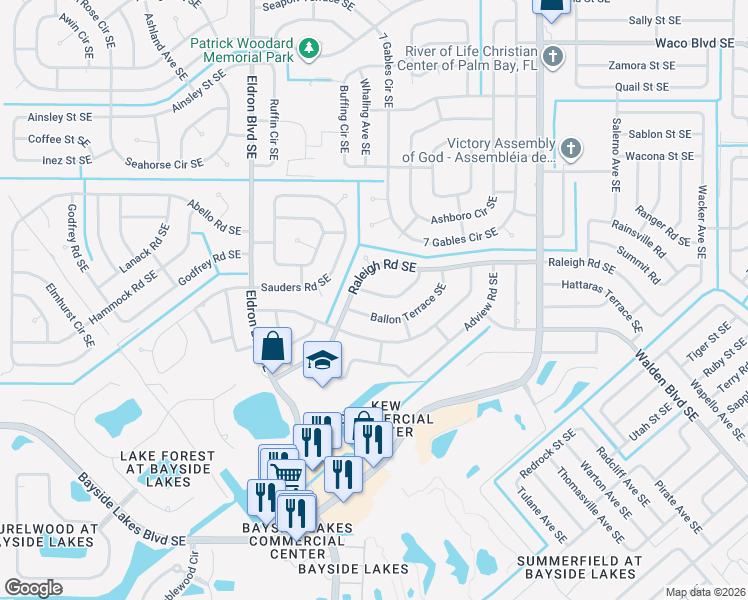 map of restaurants, bars, coffee shops, grocery stores, and more near 685 Ballon Terrace Southeast in Palm Bay