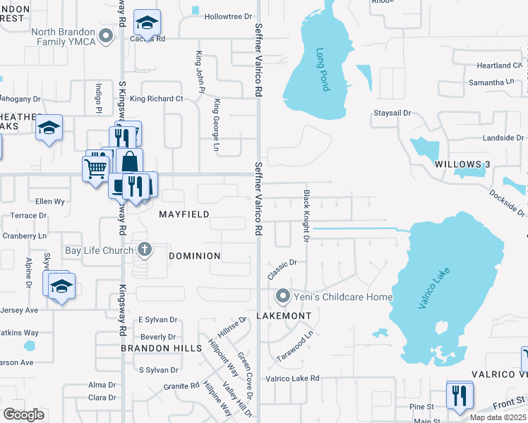 map of restaurants, bars, coffee shops, grocery stores, and more near 1203 Seffner Valrico Road in Valrico