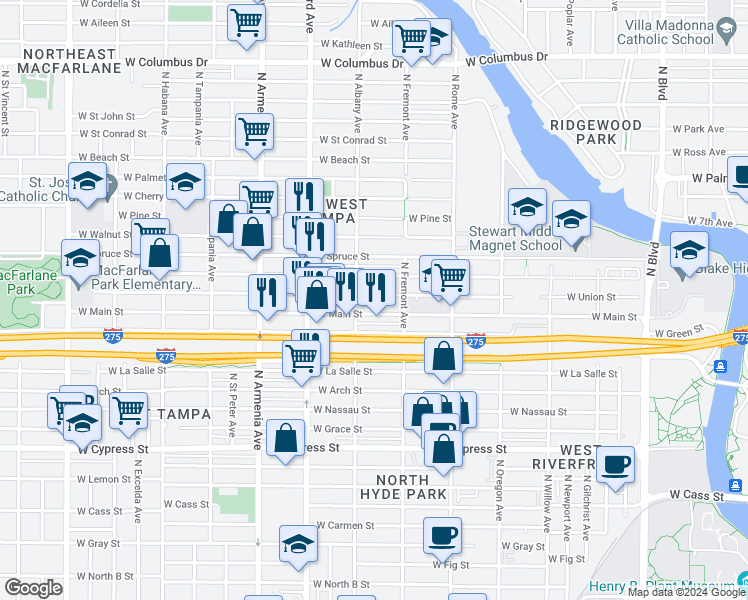 map of restaurants, bars, coffee shops, grocery stores, and more near 1930 West Union Street in Tampa