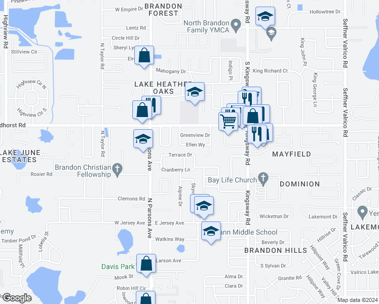 map of restaurants, bars, coffee shops, grocery stores, and more near 306 Terrace Drive in Brandon