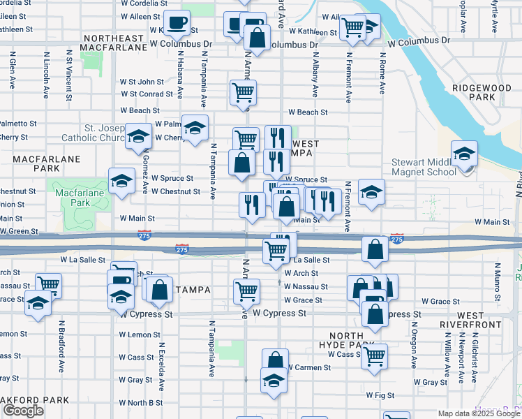 map of restaurants, bars, coffee shops, grocery stores, and more near 2310 West Main Street in Tampa