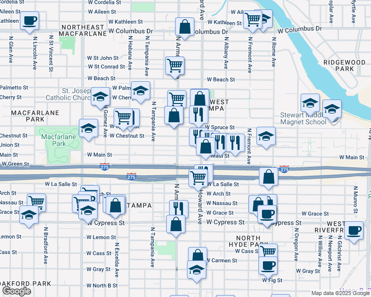map of restaurants, bars, coffee shops, grocery stores, and more near 2502 West Main Street in Tampa