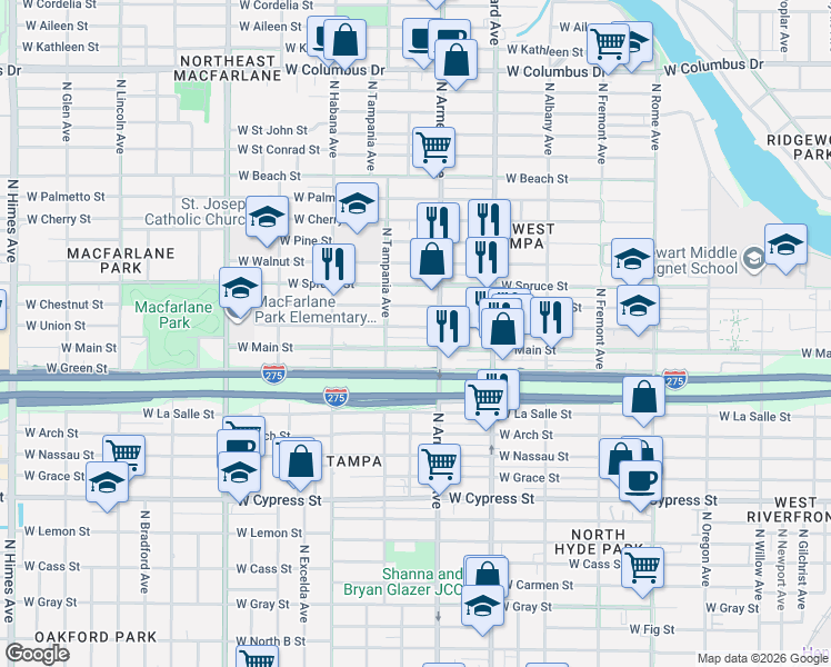 map of restaurants, bars, coffee shops, grocery stores, and more near 2534 West Main Street in Tampa