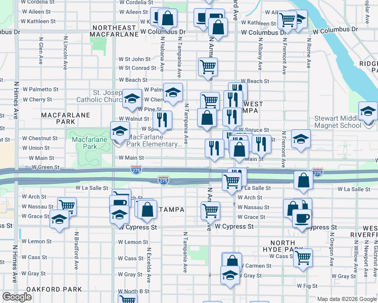 map of restaurants, bars, coffee shops, grocery stores, and more near 2534 West Main Street in Tampa