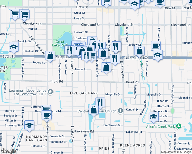map of restaurants, bars, coffee shops, grocery stores, and more near 1676 Druid Road in Clearwater