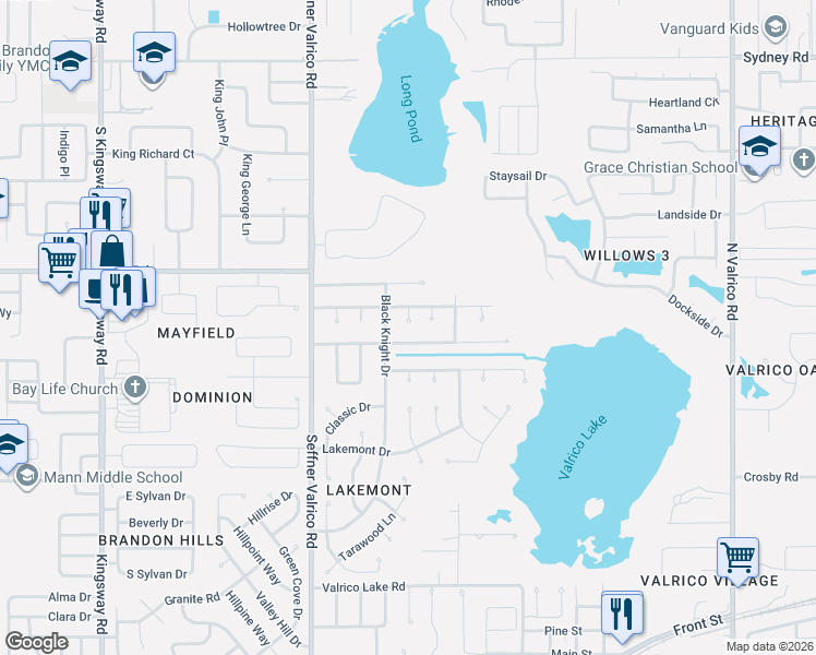 map of restaurants, bars, coffee shops, grocery stores, and more near 1200 Lake Valrico Lane in Valrico