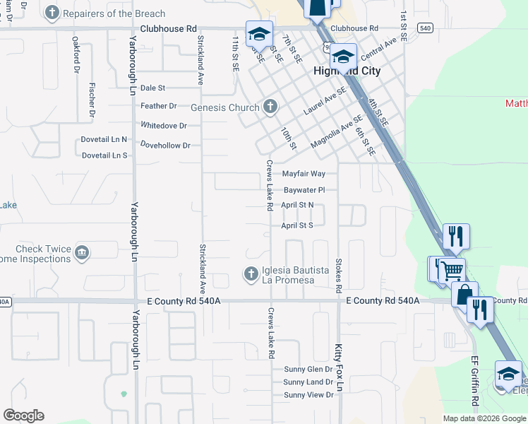 map of restaurants, bars, coffee shops, grocery stores, and more near 4041 April Street North in Lakeland