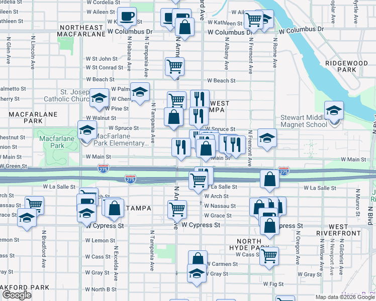 map of restaurants, bars, coffee shops, grocery stores, and more near 2310 West Main Street in Tampa