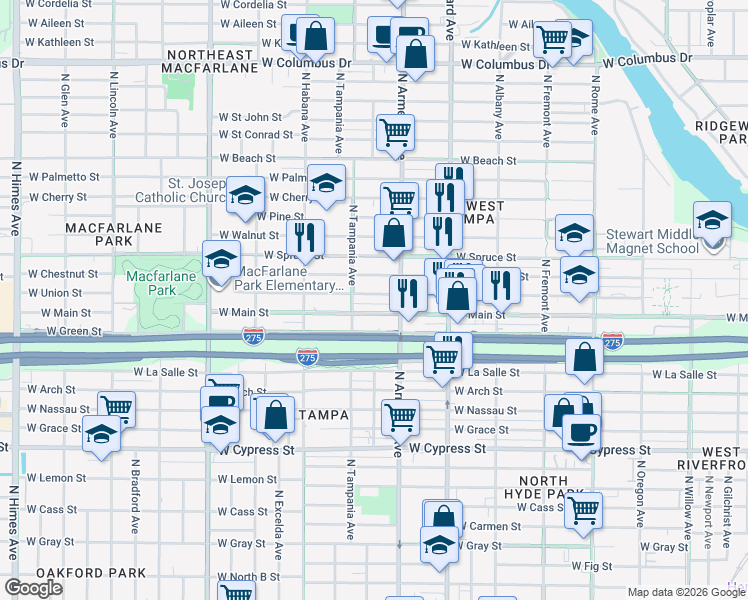 map of restaurants, bars, coffee shops, grocery stores, and more near 2534 West Main Street in Tampa