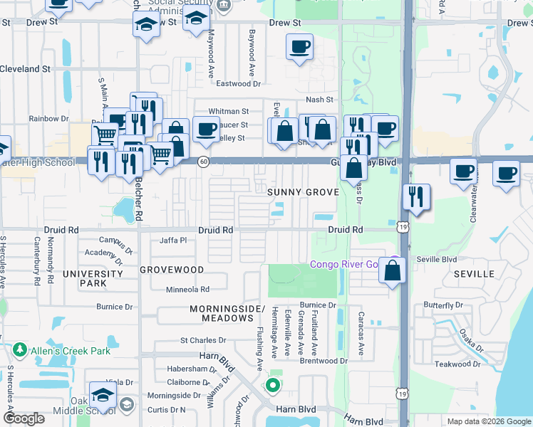 map of restaurants, bars, coffee shops, grocery stores, and more near 2419 Gulf to Bay Boulevard in Clearwater