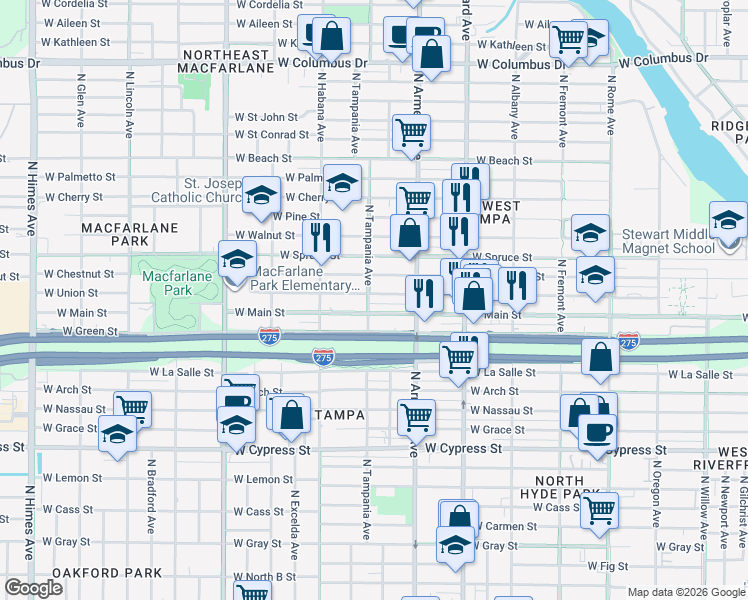 map of restaurants, bars, coffee shops, grocery stores, and more near 2534 West Main Street in Tampa