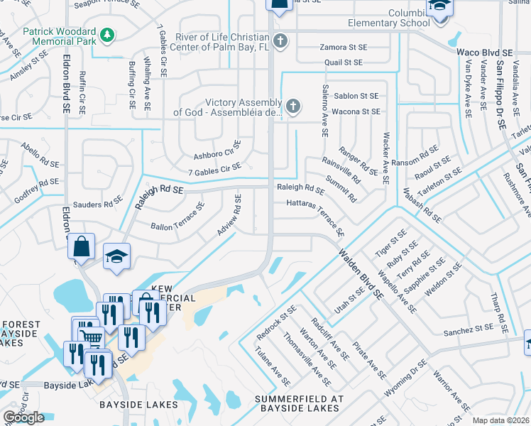 map of restaurants, bars, coffee shops, grocery stores, and more near 2990 Emerson Drive Southeast in Palm Bay
