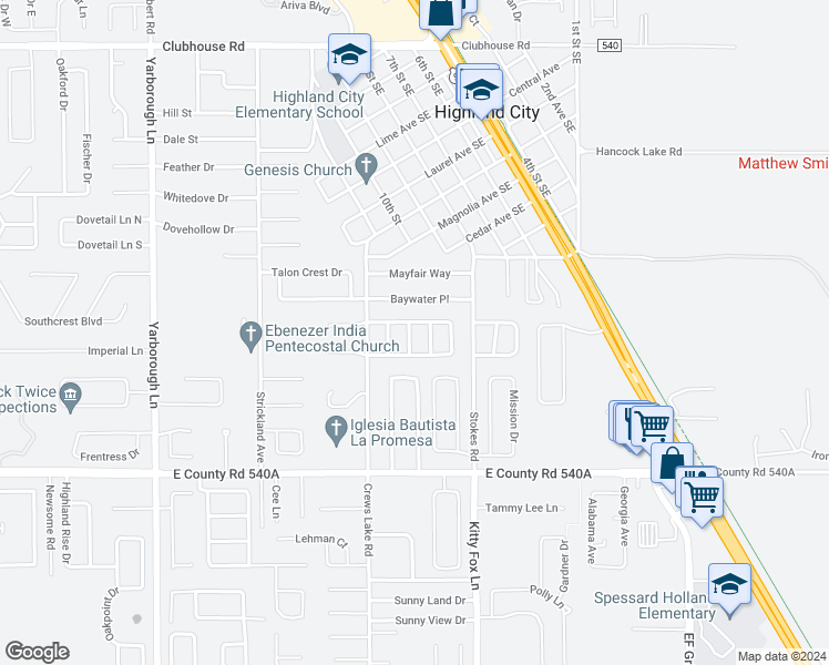 map of restaurants, bars, coffee shops, grocery stores, and more near 5912 June Street in Lakeland