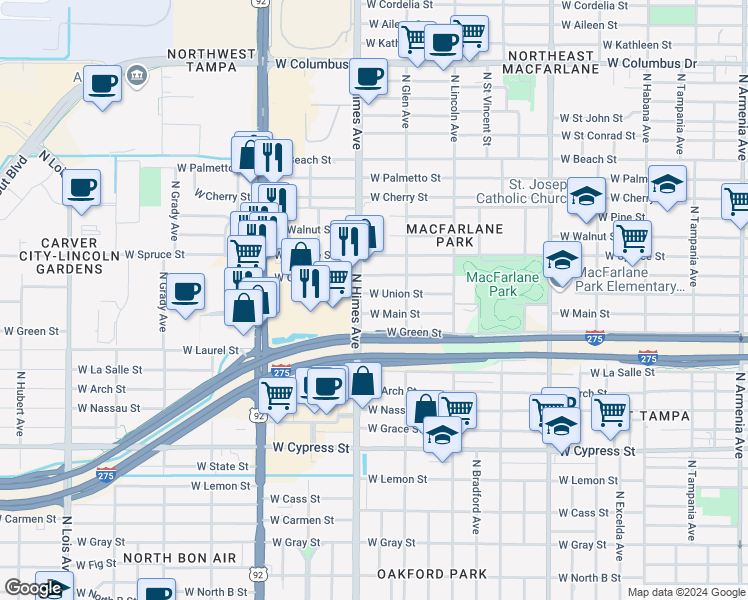 map of restaurants, bars, coffee shops, grocery stores, and more near 3418 West Union Street in Tampa