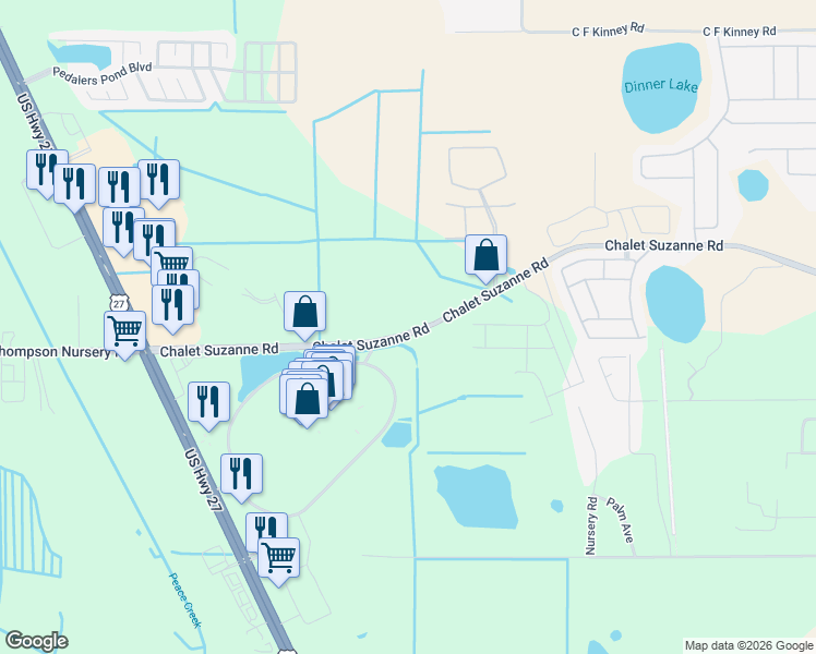 map of restaurants, bars, coffee shops, grocery stores, and more near 1030 Chalet Suzanne Road in Lake Wales