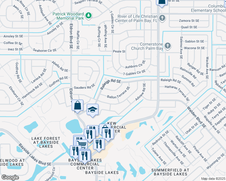 map of restaurants, bars, coffee shops, grocery stores, and more near 601 Sturbridge Terrace Southeast in Palm Bay