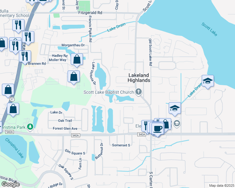 map of restaurants, bars, coffee shops, grocery stores, and more near 767 Lake Cove Drive in Lakeland