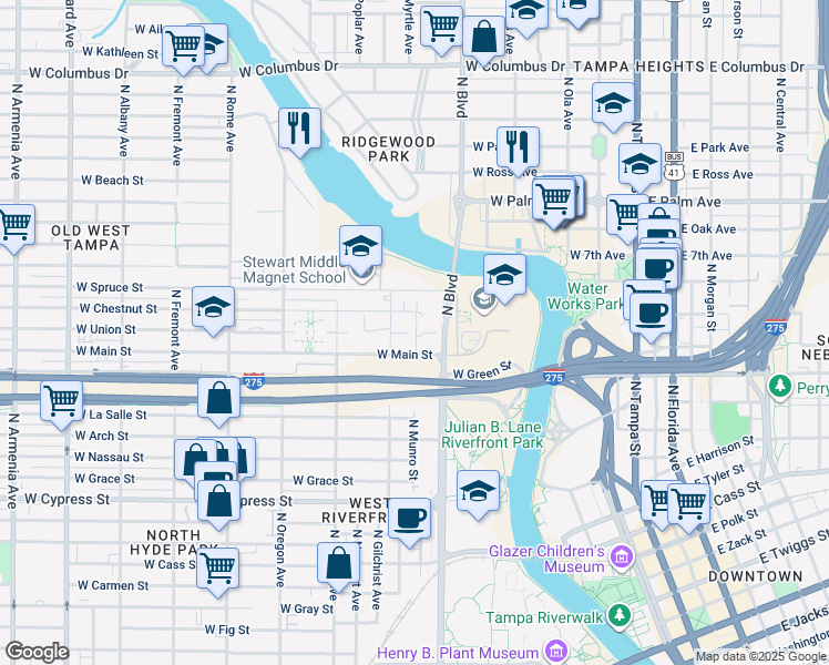 map of restaurants, bars, coffee shops, grocery stores, and more near 956 West Chestnut Street in Tampa