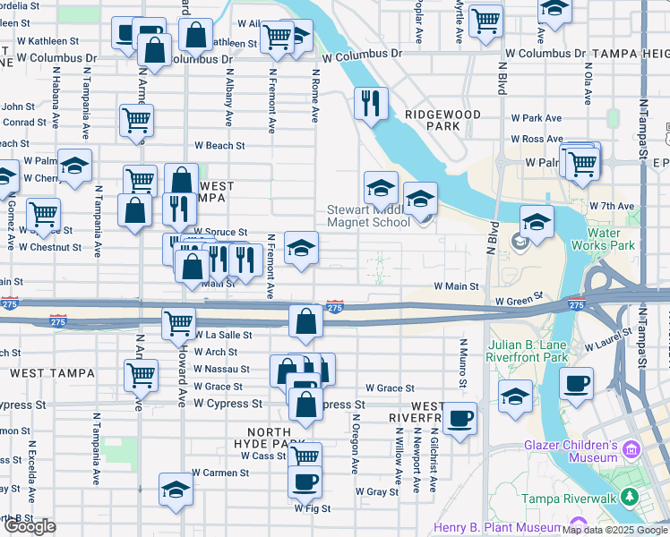 map of restaurants, bars, coffee shops, grocery stores, and more near 1542 Chestnut Street in Tampa