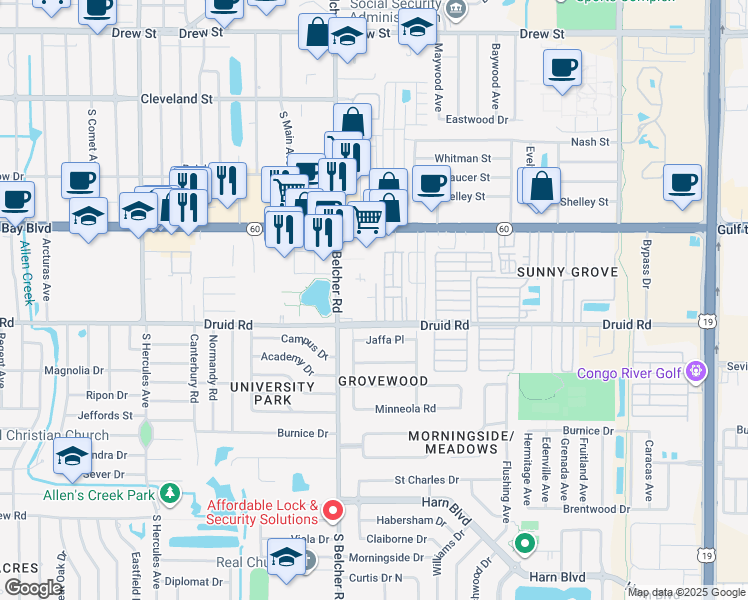map of restaurants, bars, coffee shops, grocery stores, and more near 2250 Druid Road in Clearwater