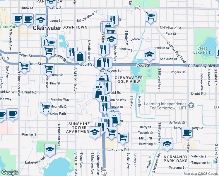 map of restaurants, bars, coffee shops, grocery stores, and more near 622 Lembo Circle in Clearwater