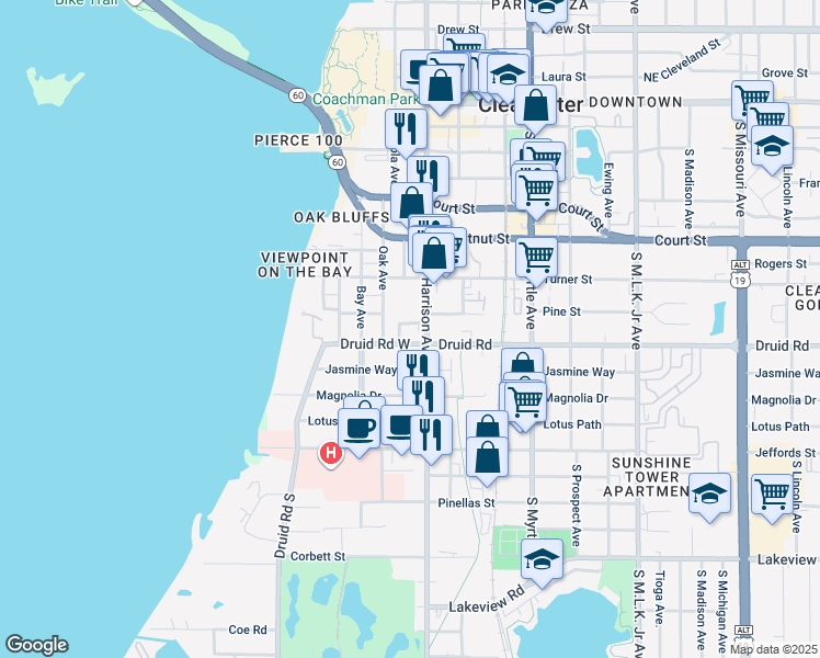 map of restaurants, bars, coffee shops, grocery stores, and more near 639 Pine Street in Clearwater