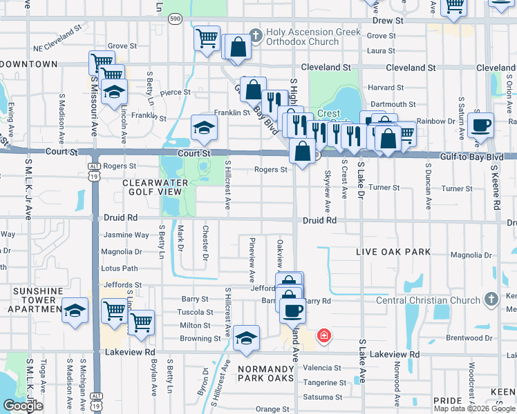 map of restaurants, bars, coffee shops, grocery stores, and more near 1439 Turner Street in Clearwater