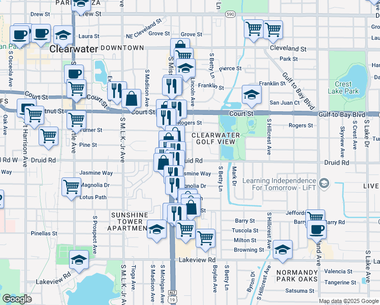 map of restaurants, bars, coffee shops, grocery stores, and more near 622 Lembo Circle in Clearwater
