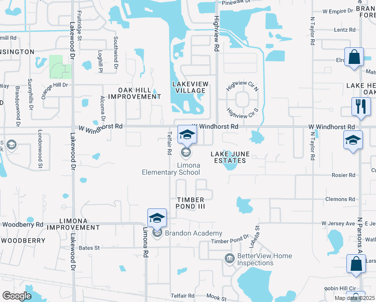 map of restaurants, bars, coffee shops, grocery stores, and more near 1115 Telfair Road in Brandon