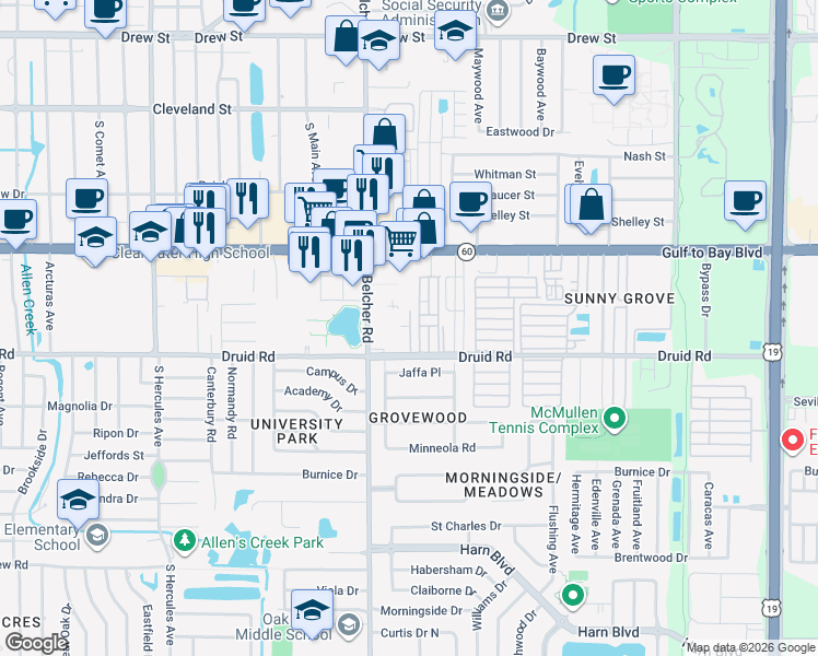 map of restaurants, bars, coffee shops, grocery stores, and more near 2250 Druid Road in Clearwater