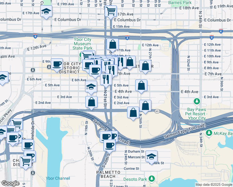 map of restaurants, bars, coffee shops, grocery stores, and more near 2216 East 4th Avenue in Tampa