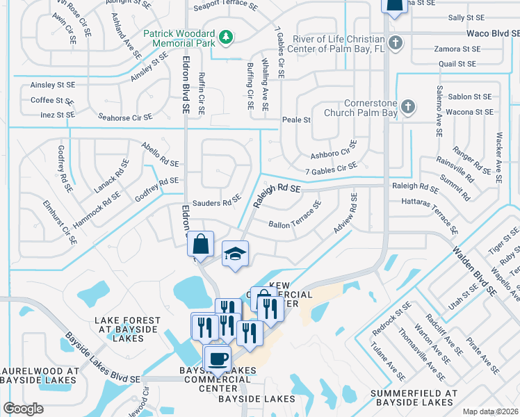 map of restaurants, bars, coffee shops, grocery stores, and more near 600 Sturbridge Terrace Southeast in Palm Bay