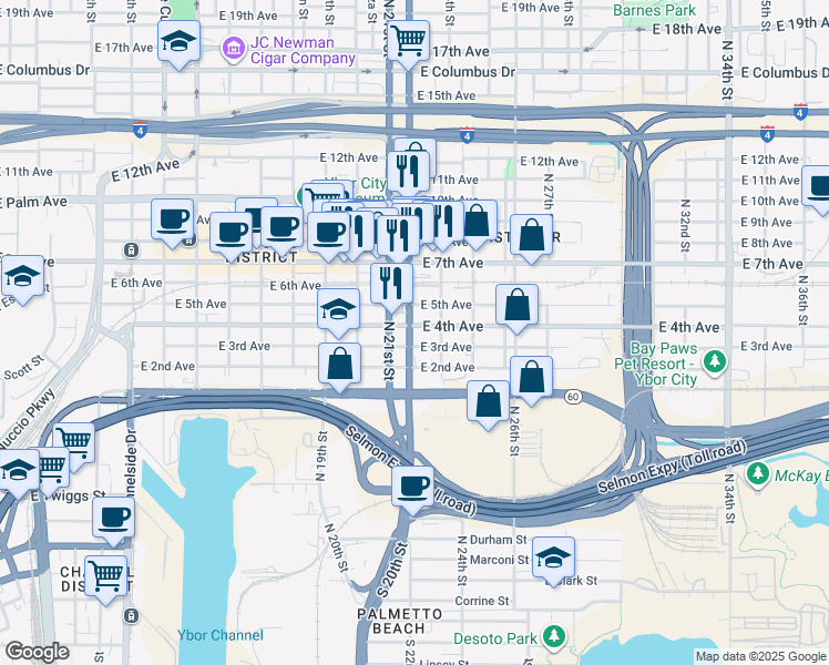 map of restaurants, bars, coffee shops, grocery stores, and more near 2216 East 4th Avenue in Tampa