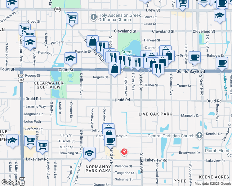 map of restaurants, bars, coffee shops, grocery stores, and more near 610 South Glenwood Avenue in Clearwater