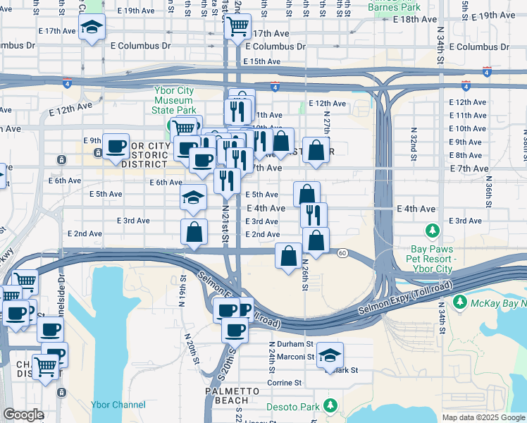 map of restaurants, bars, coffee shops, grocery stores, and more near 2319 East 5th Avenue in Tampa