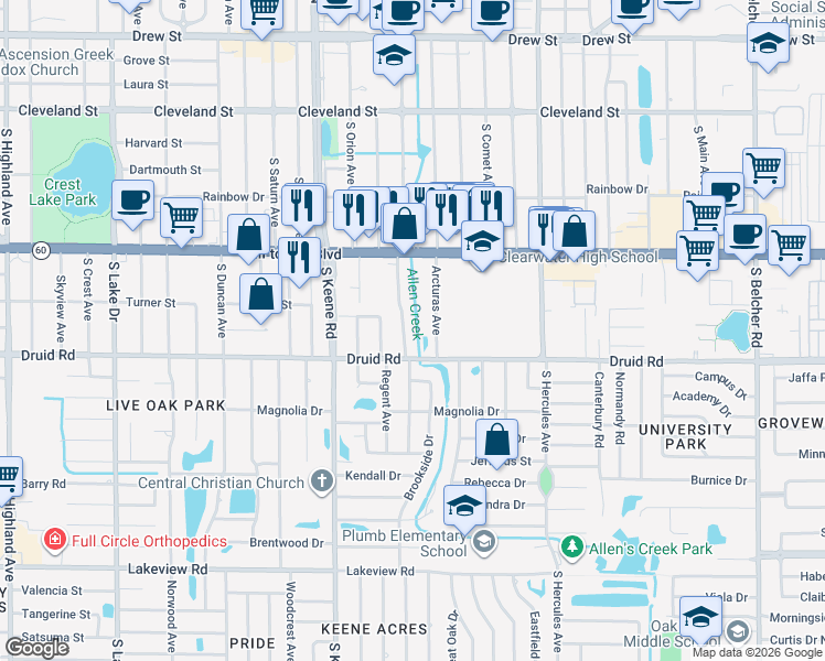map of restaurants, bars, coffee shops, grocery stores, and more near 609 Brookside Drive in Clearwater