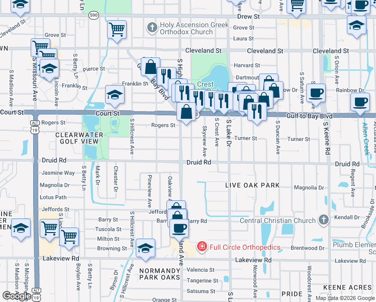 map of restaurants, bars, coffee shops, grocery stores, and more near 610 South Glenwood Avenue in Clearwater
