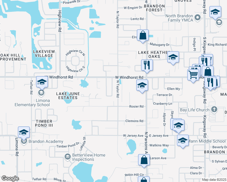 map of restaurants, bars, coffee shops, grocery stores, and more near 1201 East Camellia Drive in Brandon