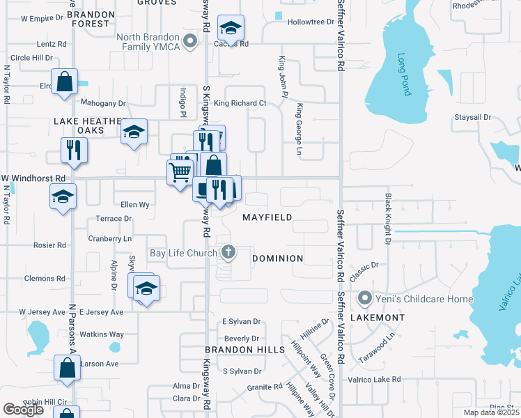 map of restaurants, bars, coffee shops, grocery stores, and more near 716 Chilt Drive in Brandon