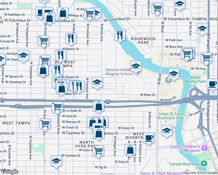 map of restaurants, bars, coffee shops, grocery stores, and more near 1515 West Union Street in Tampa