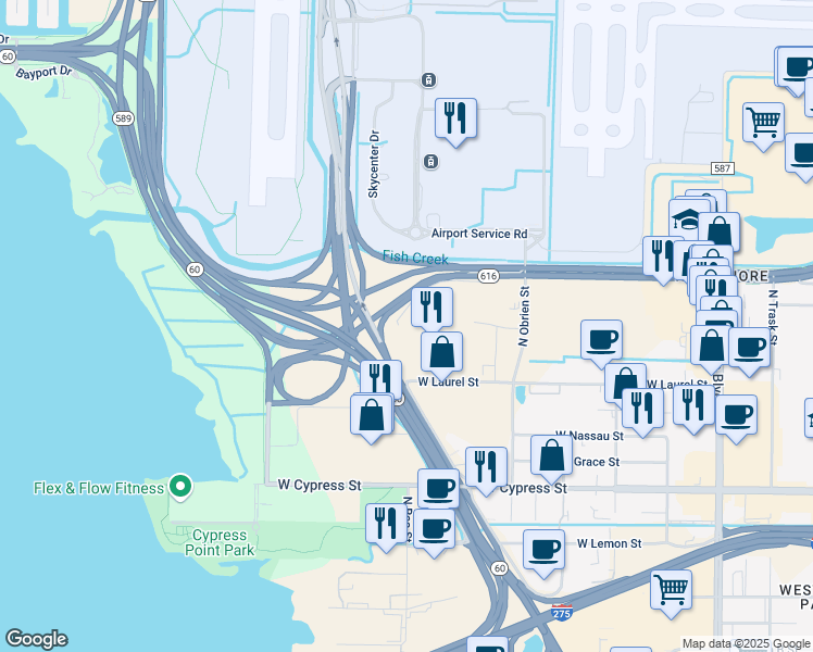 map of restaurants, bars, coffee shops, grocery stores, and more near Interstate 275 Frontage Road East in Tampa