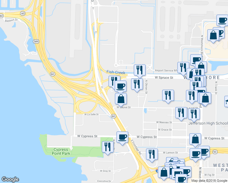 map of restaurants, bars, coffee shops, grocery stores, and more near 3500 Interstate 275 Frontage Road East in Tampa
