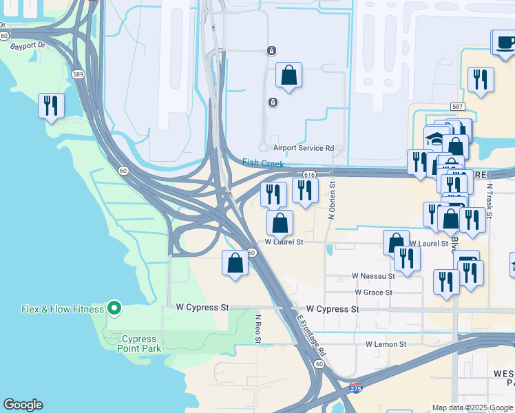 map of restaurants, bars, coffee shops, grocery stores, and more near 3500 Interstate 275 Frontage Road East in Tampa