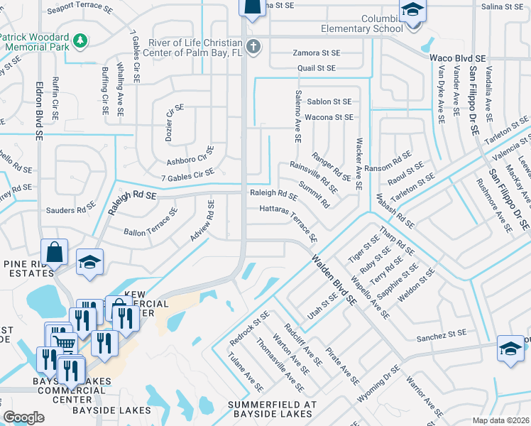 map of restaurants, bars, coffee shops, grocery stores, and more near 919 Hattaras Terrace Southeast in Palm Bay