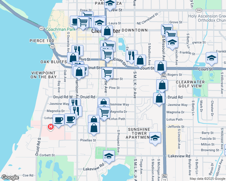map of restaurants, bars, coffee shops, grocery stores, and more near 613 South Myrtle Avenue in Clearwater