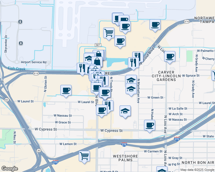 map of restaurants, bars, coffee shops, grocery stores, and more near 1805 North Westshore Boulevard in Tampa
