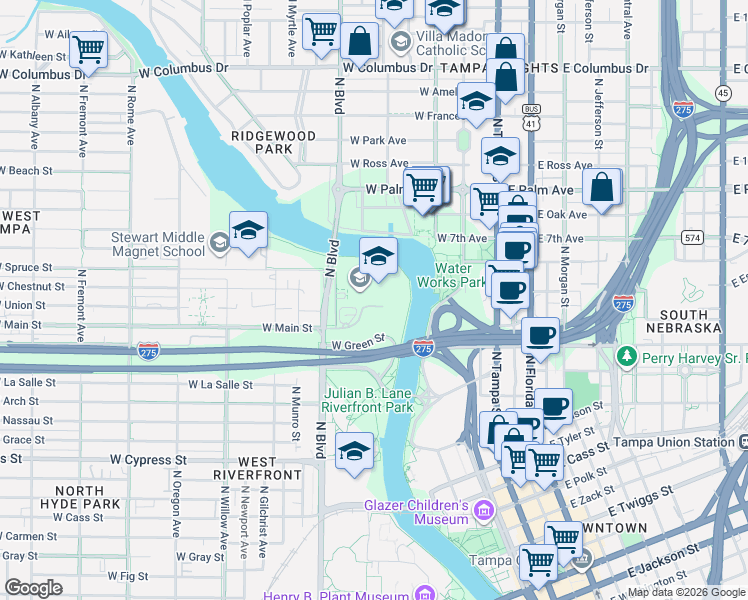 map of restaurants, bars, coffee shops, grocery stores, and more near 1701 North Boulevard in Tampa
