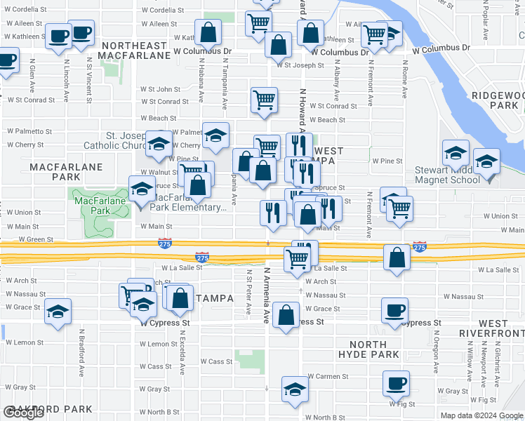 map of restaurants, bars, coffee shops, grocery stores, and more near 2406 West Chestnut Street in Tampa