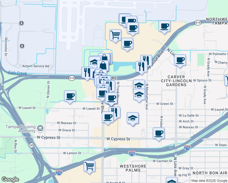 map of restaurants, bars, coffee shops, grocery stores, and more near 1805 North Westshore Boulevard in Tampa
